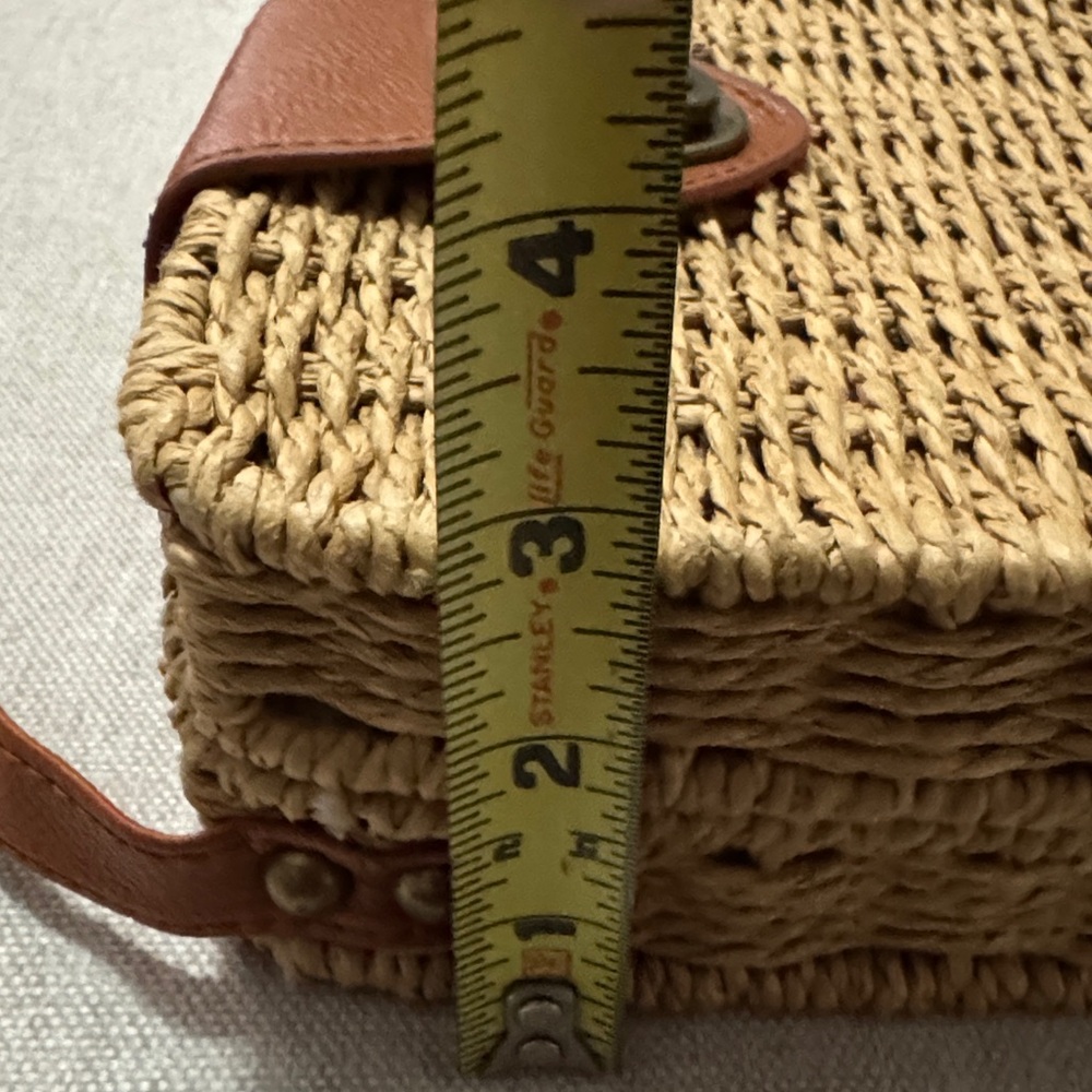 Boho Chic Wicker Basket Style Crossbody Bag-Brown Faux Leather Strap-Brass Tone - Picture 10 of 16